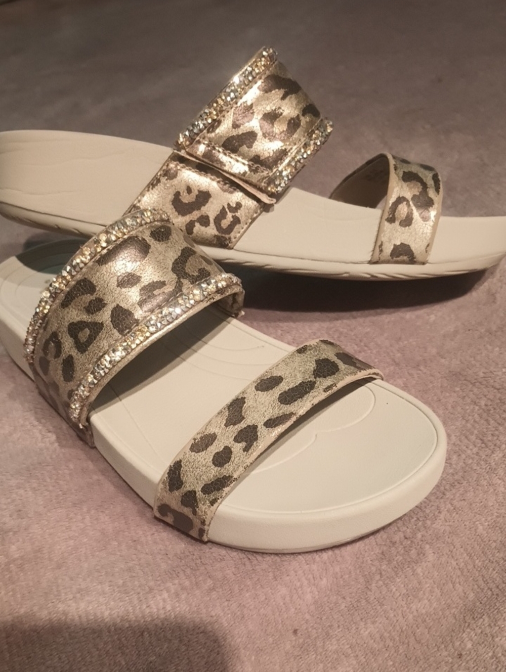 BareTraps Gold Leopard Slide Sandals with Rhinestone Trim